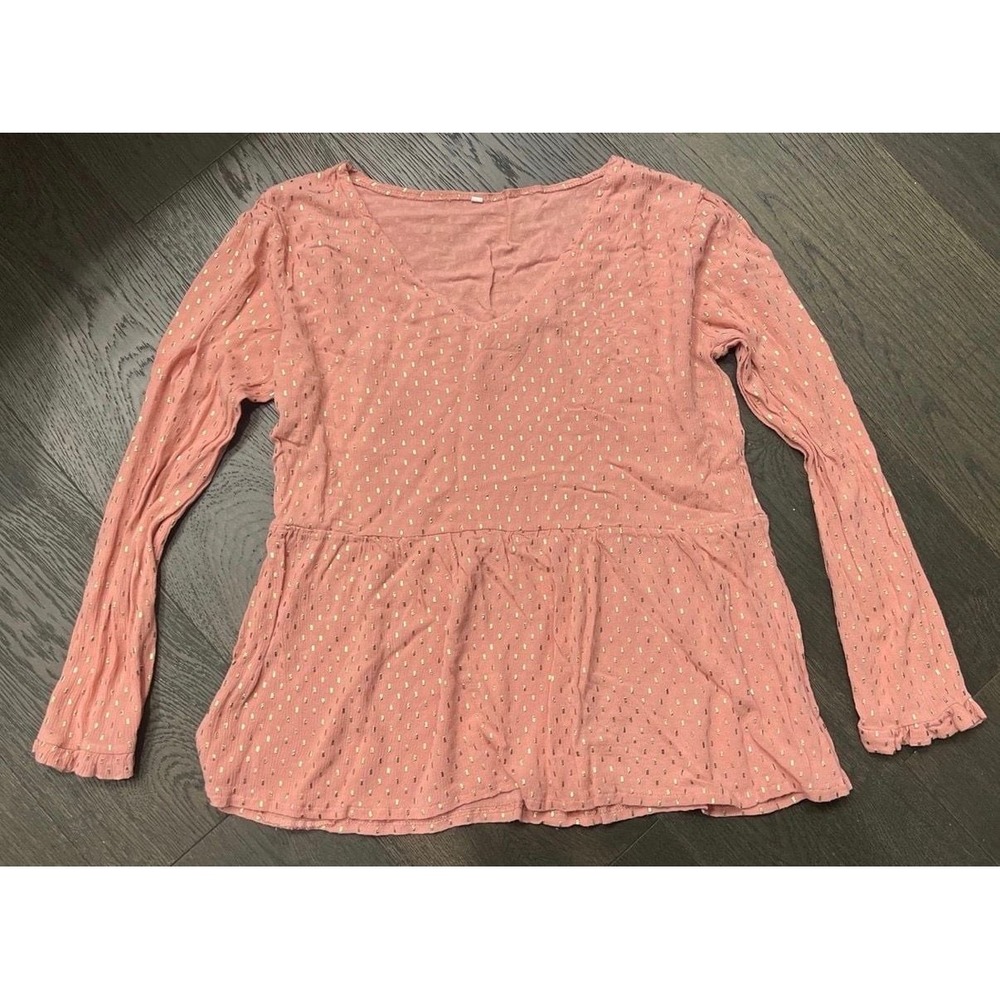 Unbranded V-Neck Babydoll Top Pink Gold Foil Dot Long Sleeve